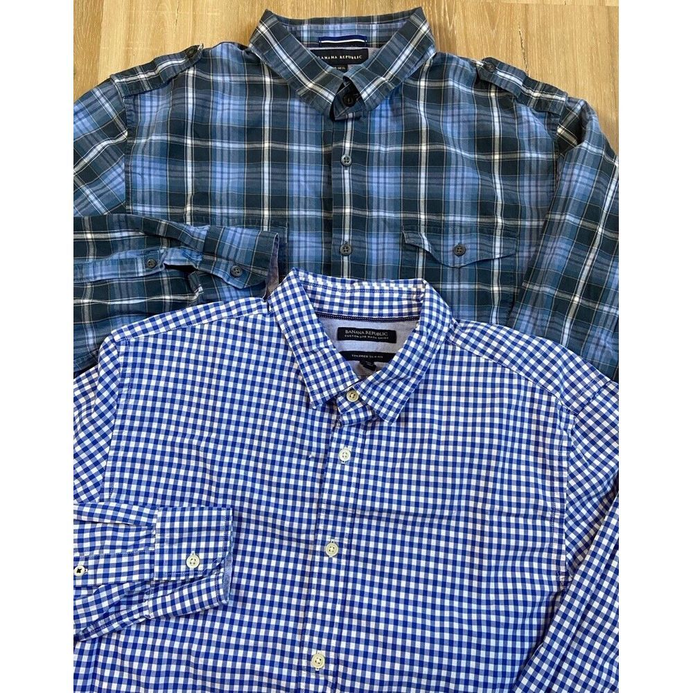 Banana Republic Mens Button Up Long Sleeve Shirts Blue Check - Set Of 2‎ - Large